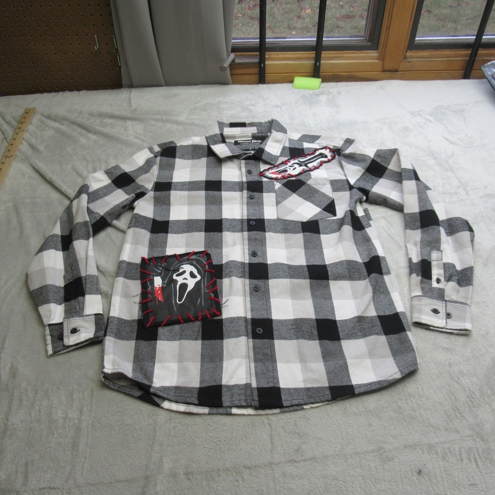 Ghost Face Shirt Men Small White Check Horror Movie Patch Long Sleeve Flannel